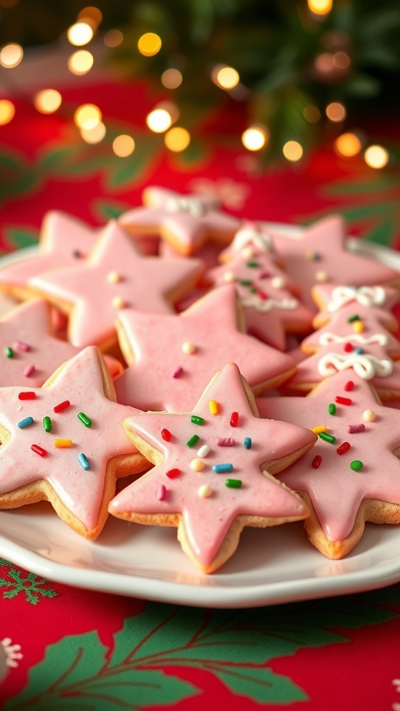 Pink Christmas Sugar Cookies Recipe Decorated pink Christmas sugar cookies on a festive plate with sprinkles and icing.